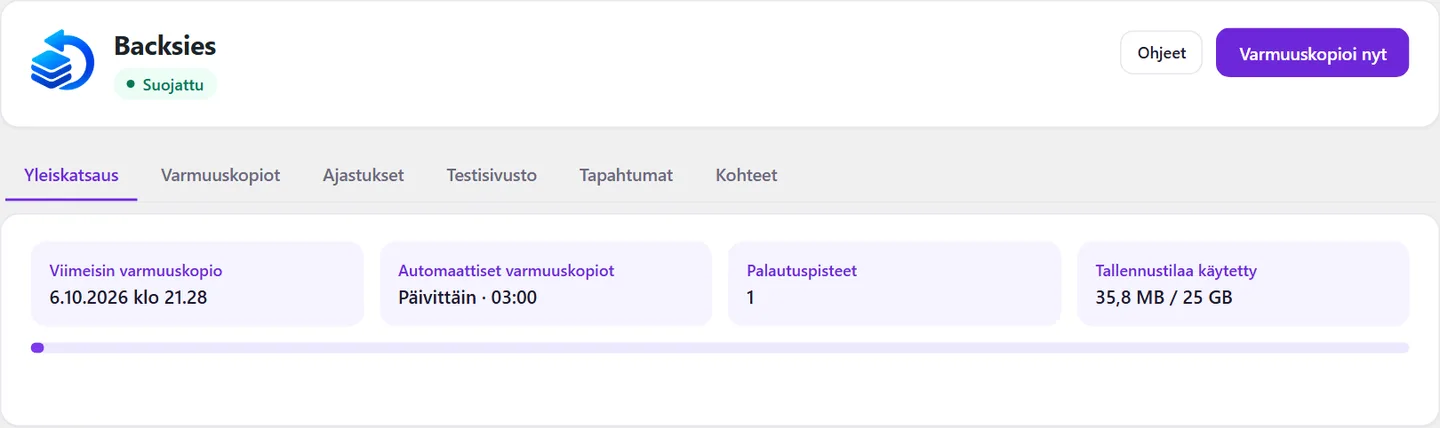 Backsiesin Yleiskatsaus-välilehti