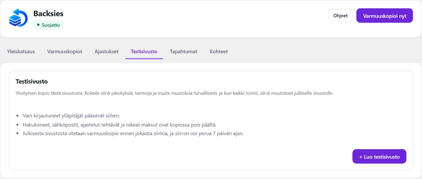 Backsiesin Testisivusto-välilehti